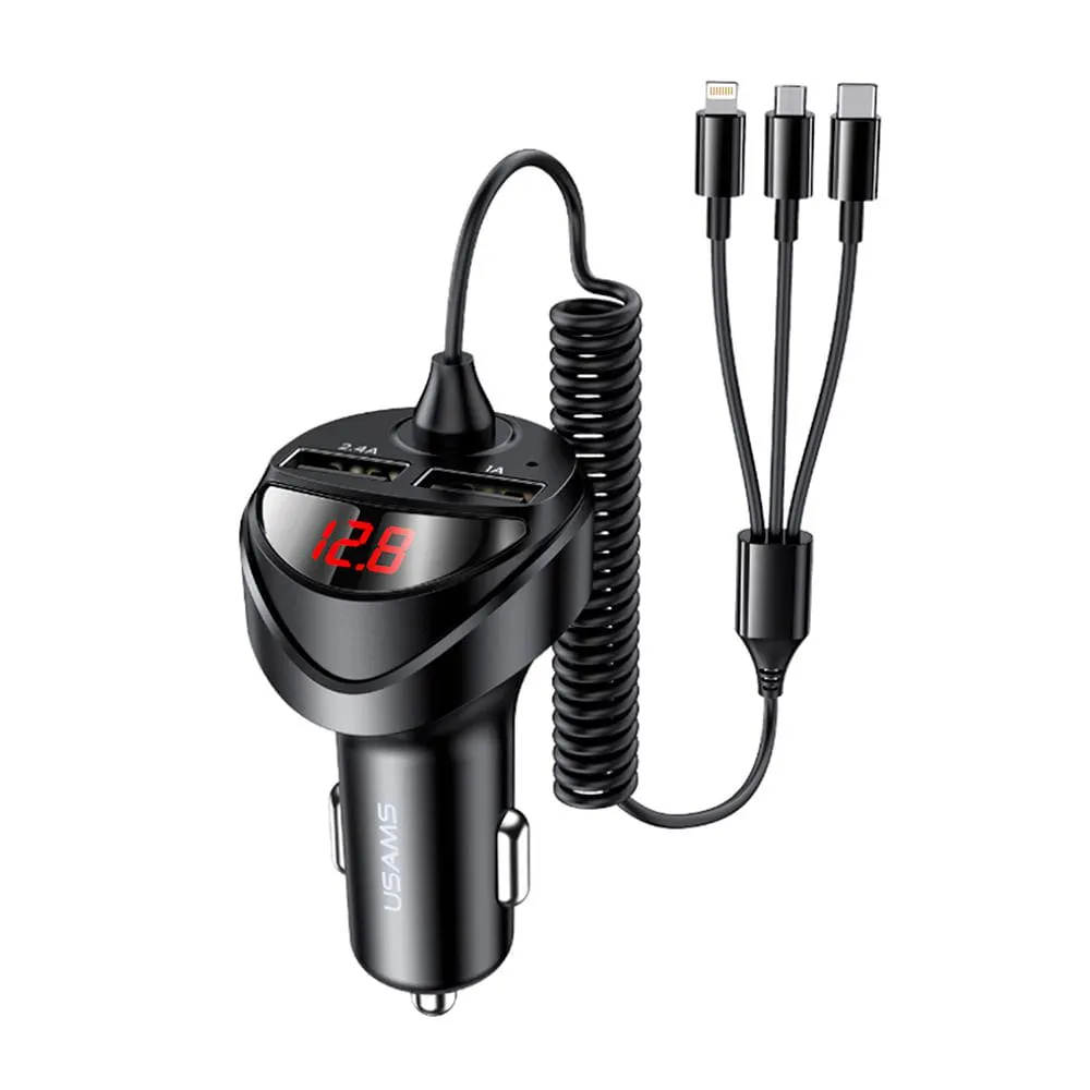 Cargador Auto Dual 3.4A + Cable Resorte 3 en 1 Negro