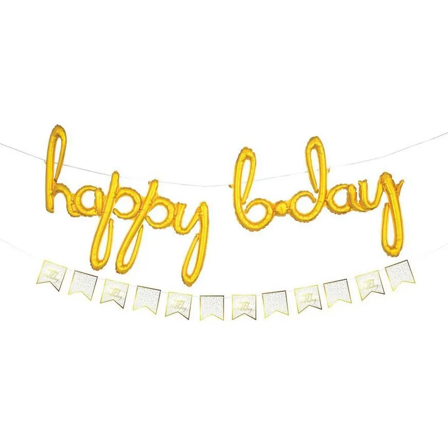 Air-Filled Gold Happy Bday Cursive Letter Balloons with Pennant Banner