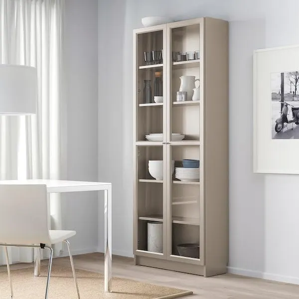 Libreria con ante a vetro, grigio/effetto metallizzato,