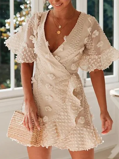 Beige V-neck Flare Sleeve Mini Dress