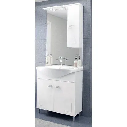 Mobile bagno bianco due ante, lavabo 75cm e specchio con pensile a destra e LED
