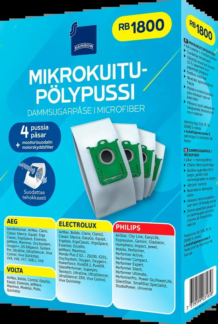 Rainbow pölypussi RB1800 4kpl + moottorisuodatin