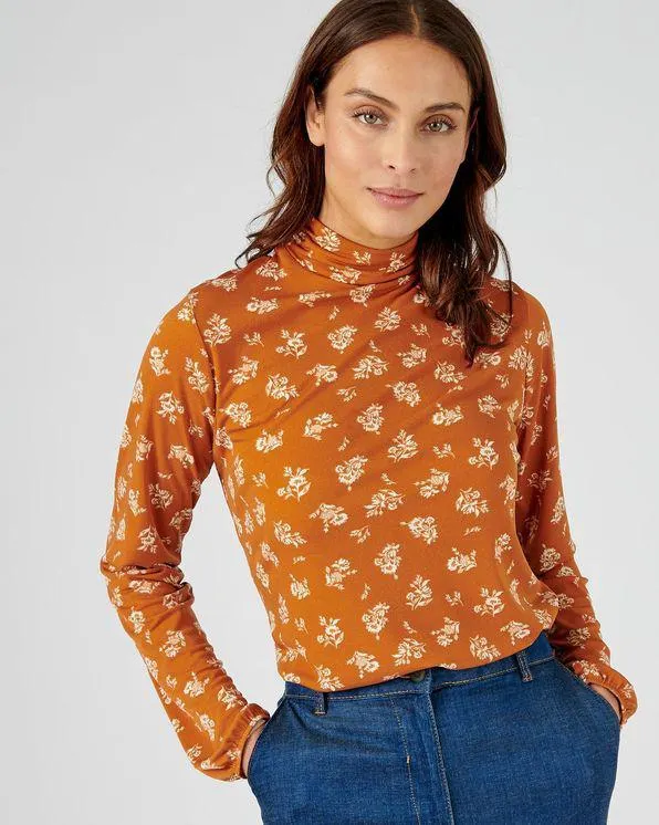 Gebloemd T-shirt in crêpe met opstaande kraag