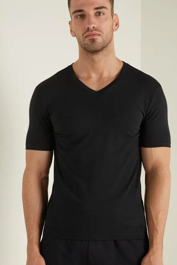 T-shirt Scollo a V in Cotone Elasticizzato