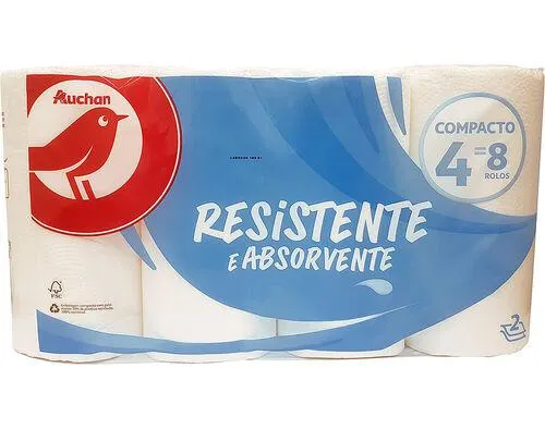 rolo cozinha auchan resistente e absorvente compacto folha dupla 4 rolos = 8 rolos
