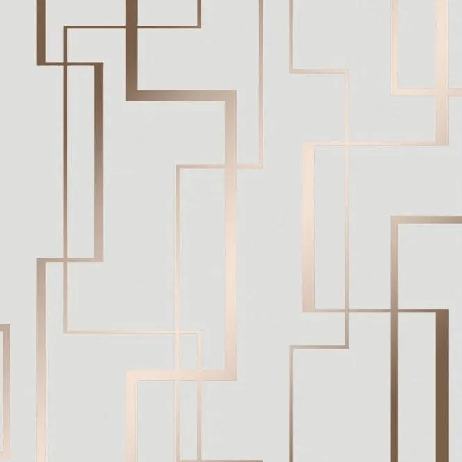 Lines Maze wallpaper in soft grey & rose gold