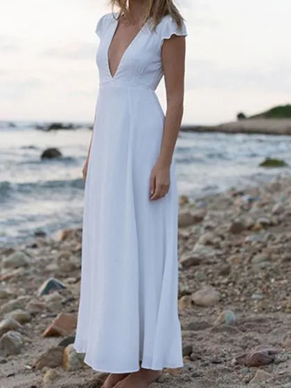 White Chiffon V-neck Tie Waist Thigh Split Front Chic Women Maxi Dress