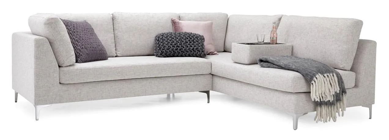 KOKO-kulmasohva, oikea Tiama-kangas, väri hiekka. Jalat metalli.