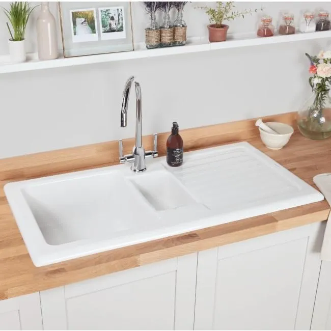 1.5 Bowl Inset White Ceramic Kitchen Sink with Reversible Drainer - Rangemaster Rustic