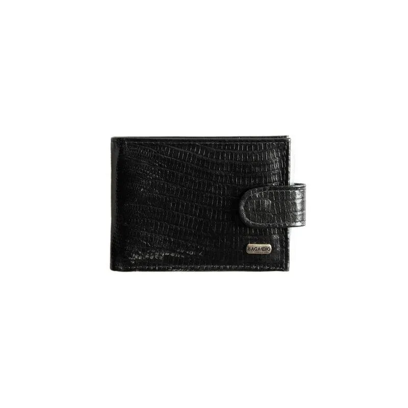 Carteira Masculina de Couro com Fecho em Botão Pequena Lezard Preta