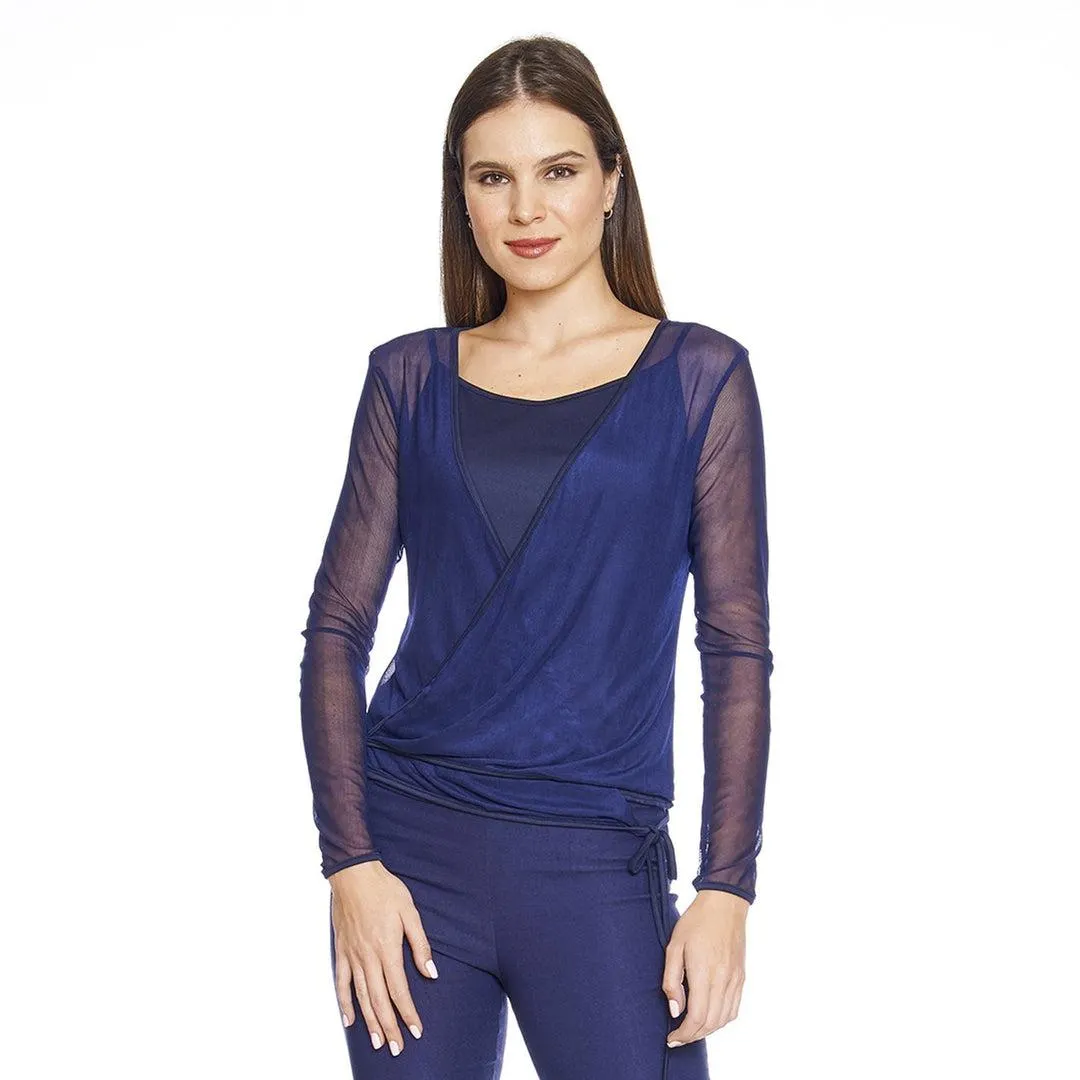 Blusa Para Mujer De Mesh Con Top Cruzada Manga Larga