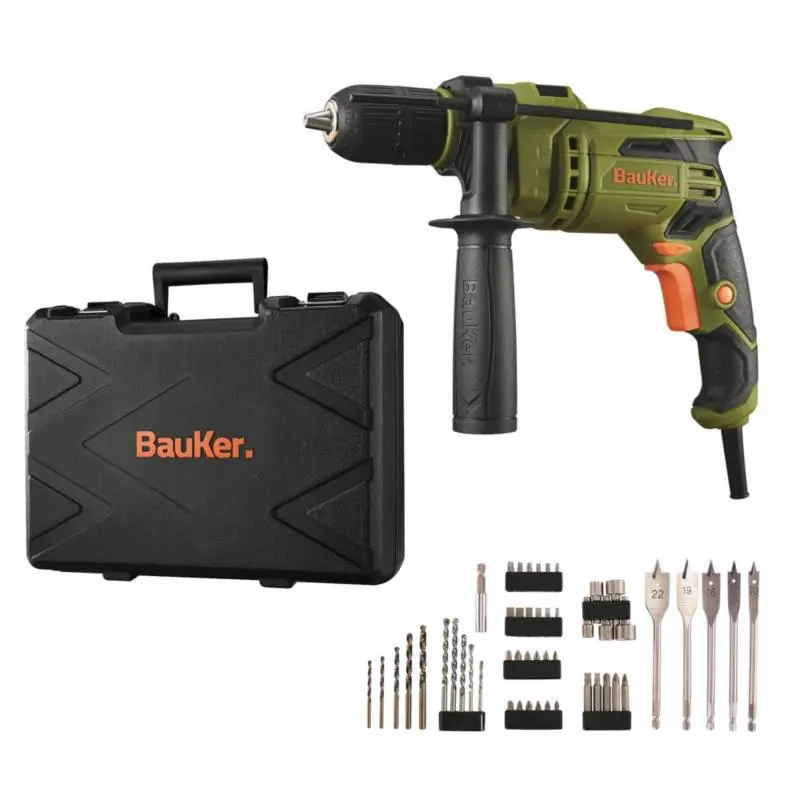 Set Taladro Percutor Eléctrico 13mm 650W Bauker+ 50 Accesorios