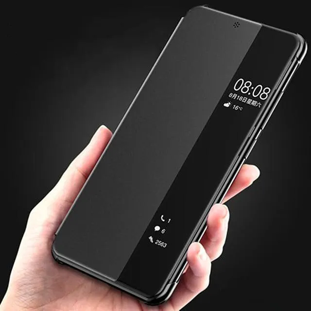Phone Case For Huawei Full Body Case Leather Flip P20 P20 Pro P30 P30 Pro Psmart plus 2019 Honor 20 honor 20 pro Honor 30 Honor 30 Pro Y5p with Windows Flip Auto Sleep / Wake Up Solid Color Hard PU