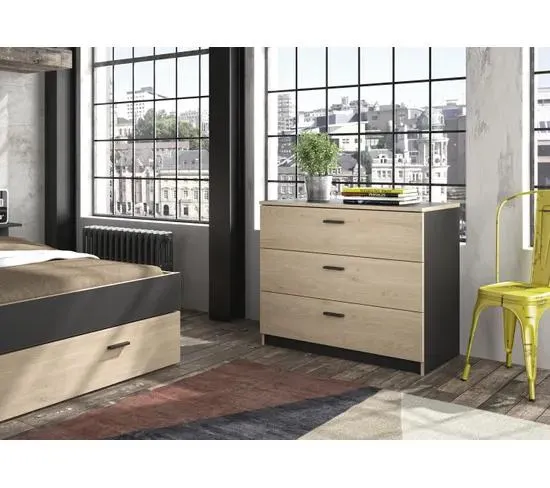 Commode 3 tiroirs TONIGHT - style industriel imitation chêne et noir