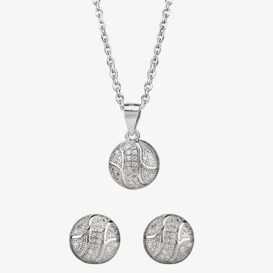 Silver Cubic Zirconia Textured Button Pendant and Earring Set E610348+P610561