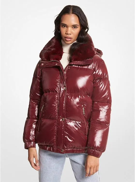 Faux Fur-Trim Quilted Nylon Puffer Jacket