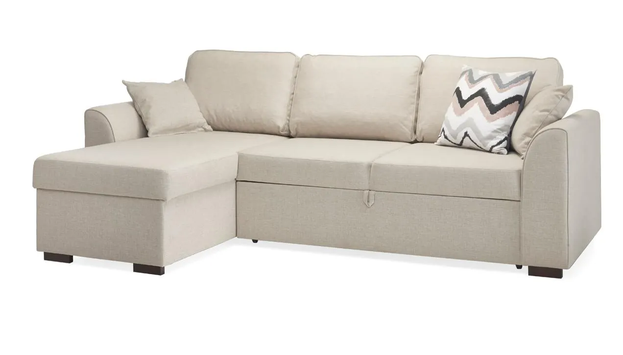 BLUES-divaanivuodesohva, kappatyynyt Inari-kangas, väri beige. Jalat wenge.