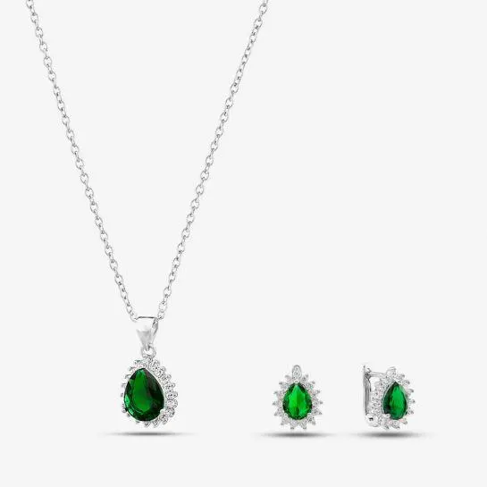 Silver & Cubic Zirconia Pear-Shape Cluster Necklace & Earring Set SET16295