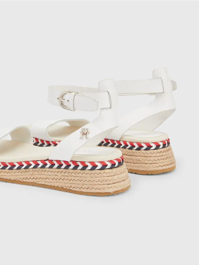 Leather Monogram Low Wedge Sandals