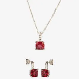 Silver Red Cubic Zirconia Cushion-cut Pendant and Dropper Earring Set SET0470
