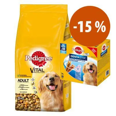 Pedigree ração 15 kg + 56 uds. Dentastix cães de porte grande a preço especial!