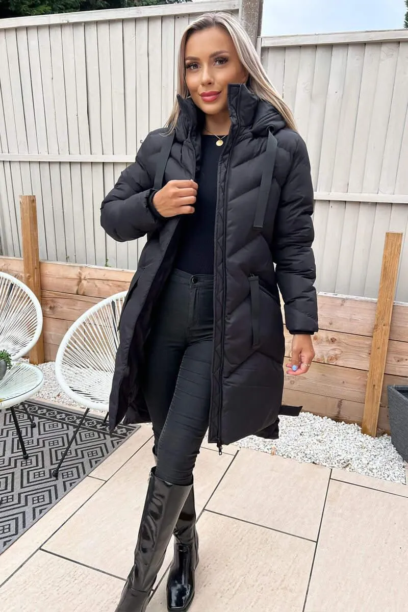 Black Hooded Long Line Puffer Coat