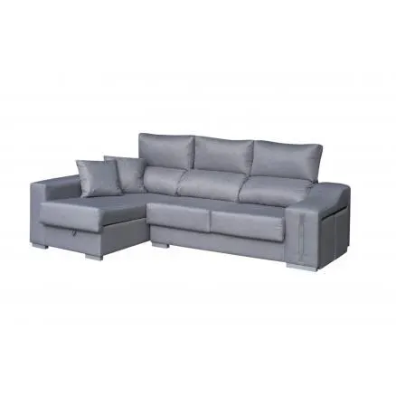 Sofá 3 plazas con chaiselongue en gris + arcón
