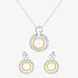 Two Tone Cubic Zirconia Double Open Circle Pendant and Earring Set SET12423