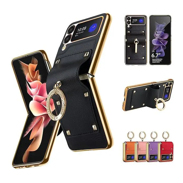Phone Case For Samsung Galaxy Back Cover Z Flip 4 Z Flip 3 Ring Holder Fashion Shockproof Solid Colored PU Leather