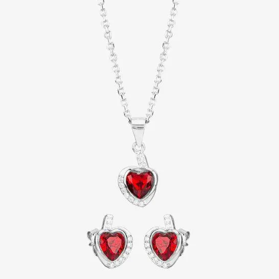 Silver Red Cubic Zirconia Wrapped Heart Pendant and Earring Set E614598+E614598-P
