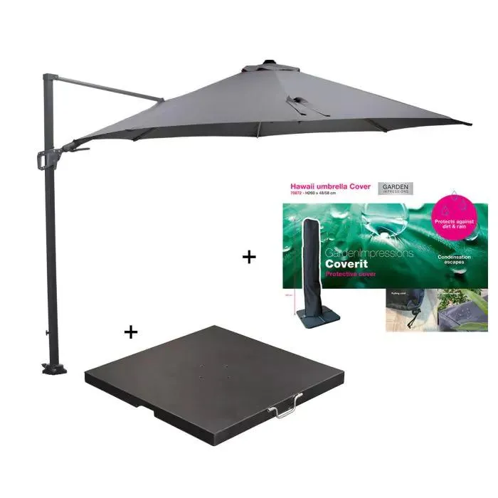 Hawaii zweefparasol Ø350 cm donker grijs/licht grijs met 90 kg parasolvoet en parasolhoes