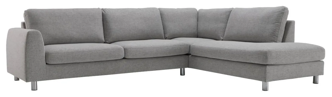 OIVA-avokulmasohva, oikea. Kappatyynyt Tiama-kangas, väri harmaa. Jalat metalli.