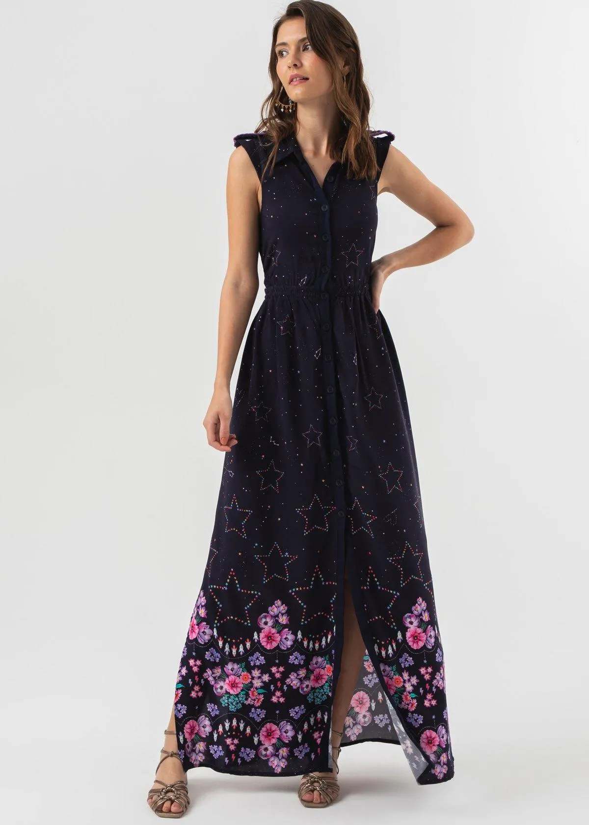 Vestido Longo Flores em Saturno