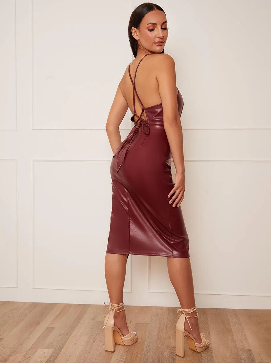 Petite Halter Neck Bodycon Faux Leather Midi Dress in Wine