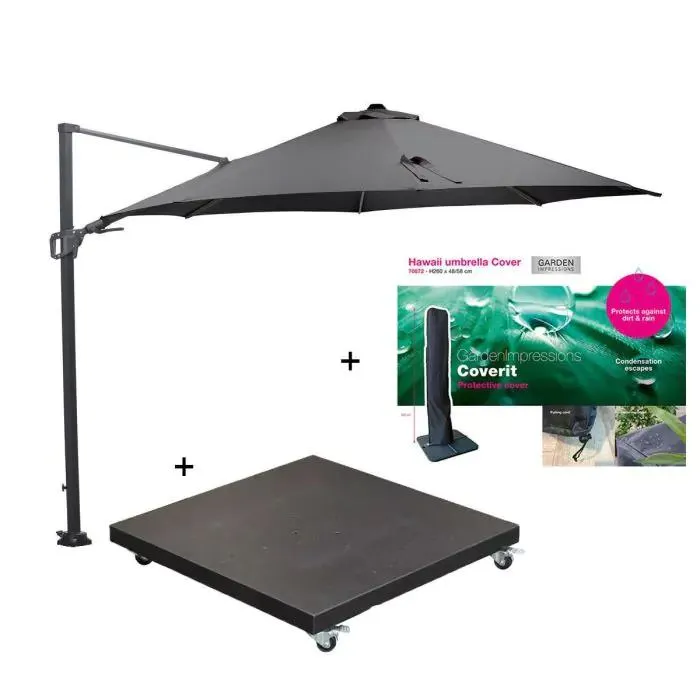 Hawaii zweefparasol Ø350 cm donker grijs/donker grijs incl. 90 kg black polish voet en parasolhoes