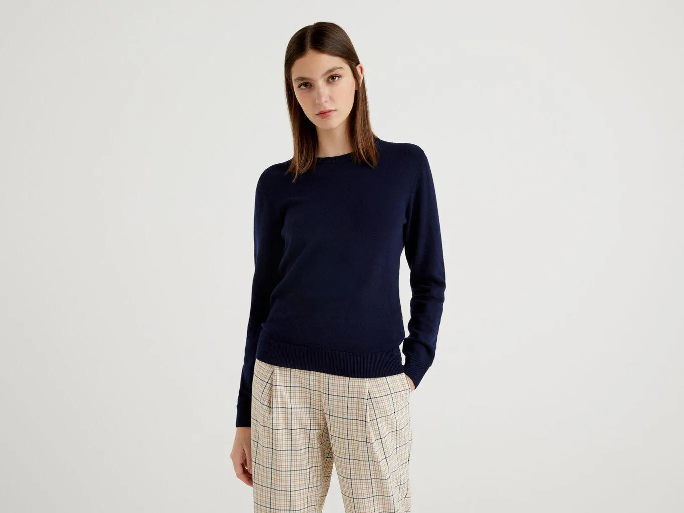 Maglia girocollo blu scuro in lana Merino