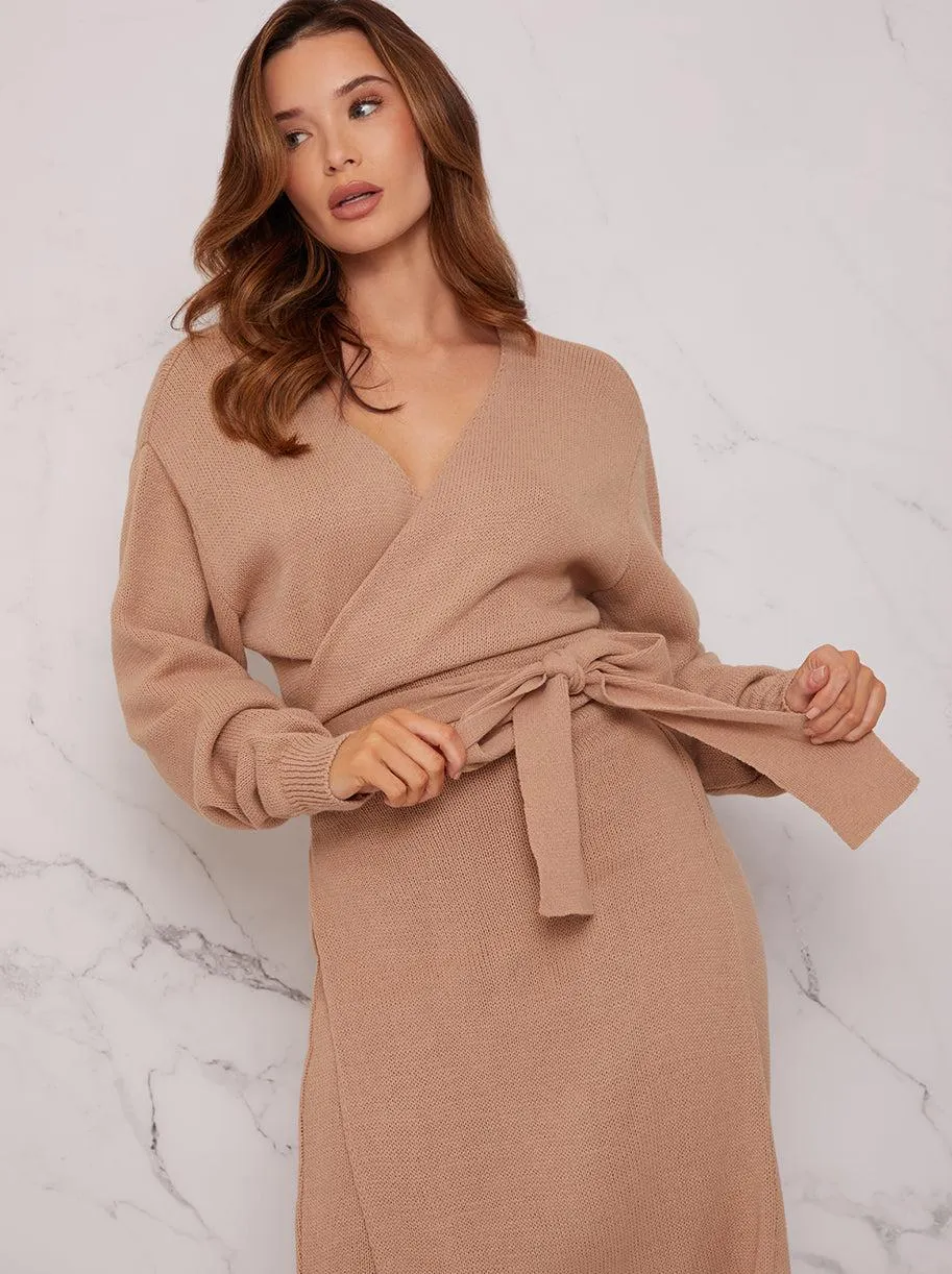 V Neck Wrap Jumper Dress in Beige