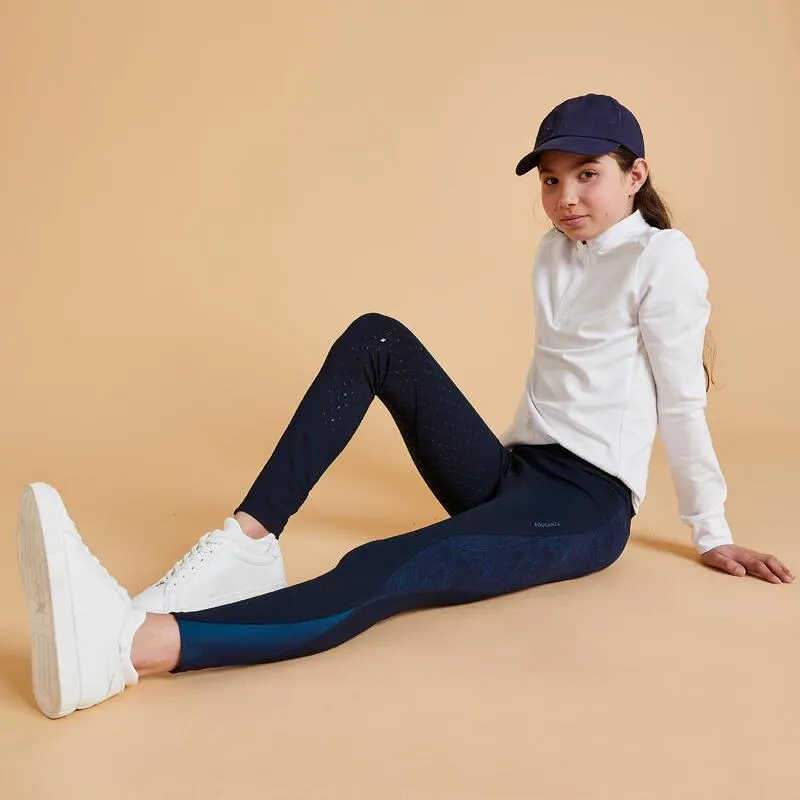 Mallas Leggings Equitación 500 Niños Azul Marino Estampado Badana Silicona