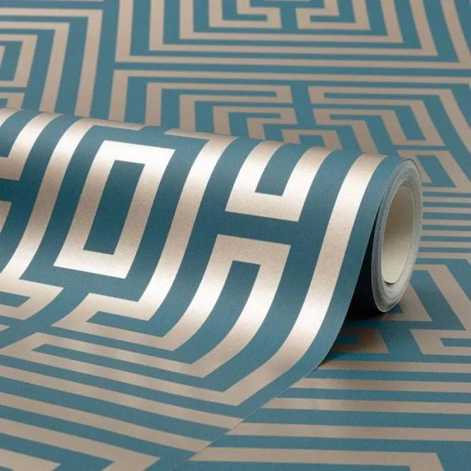 Maze Geometric wallpaper in rich teal & gold
