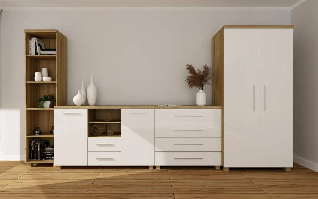 Kolekcja Panama (biały połysk/dąb Soma ciemny) - aranżacja