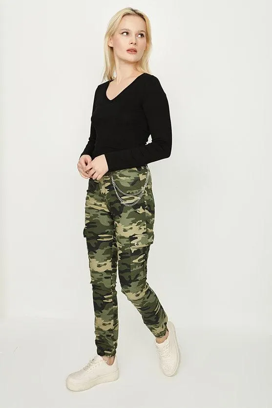 Khaki Camo Print Chain Cargo Trousers