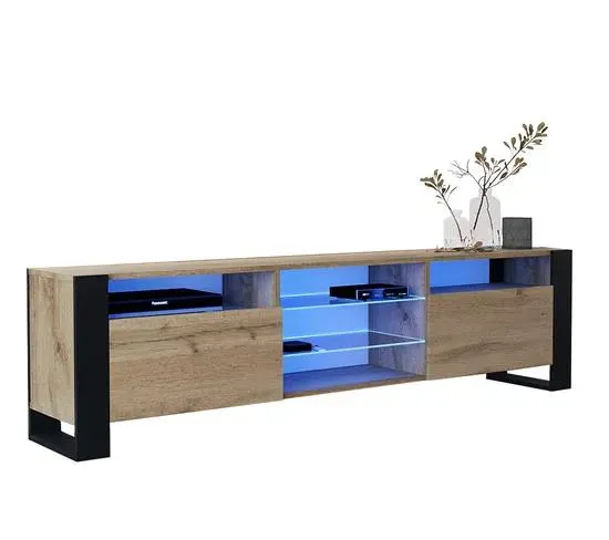 Meuble TV 200 Cm Lovy LED Chêne Mat Et Porte Chêne - Style Industriel