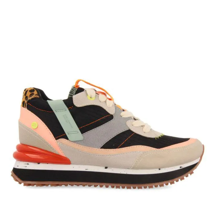 Breny women's black sneakers with inner wedges and a range of textures and prints