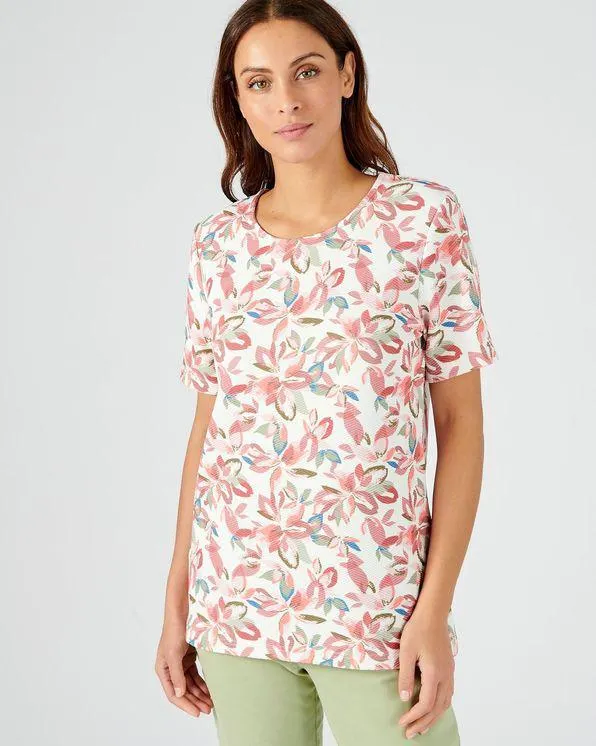 Gebloemd T-shirt in gewafeld stretchtricot