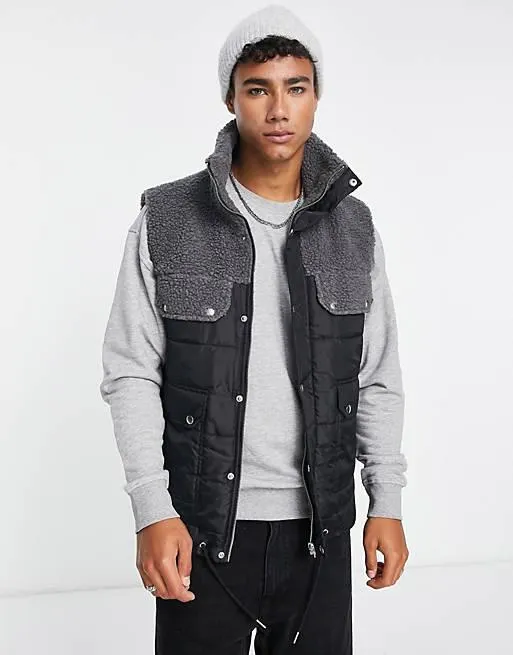Another Influence borg & nylon gilet in black