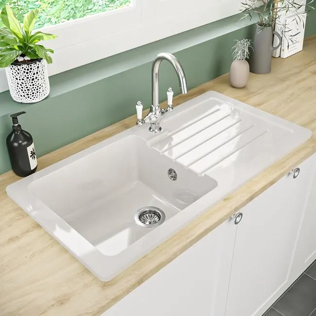Single Bowl Inset White Ceramic Sink with Reversible Drainer - Alexandra