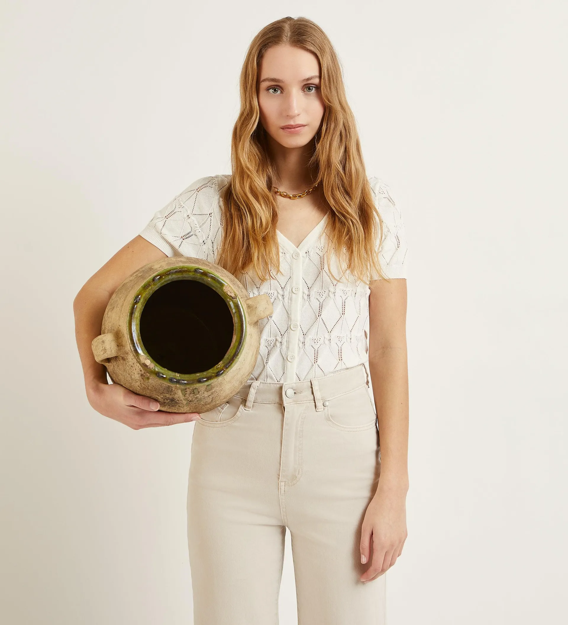 Top punto escote V textura