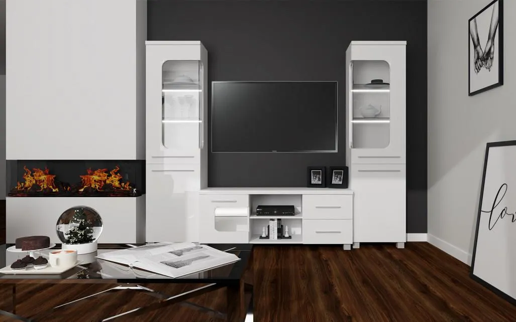 Kolekcja Panama (biały połysk) z kominkiem - aranżacja