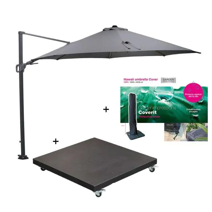 Hawaii zweefparasol Ø350 cm donker grijs/licht grijs incl. 90 kg black polish voet en parasolhoes