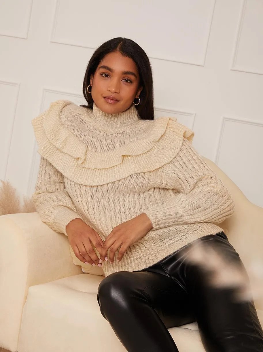 High Neck Ruffle Detail Jumper in Cream